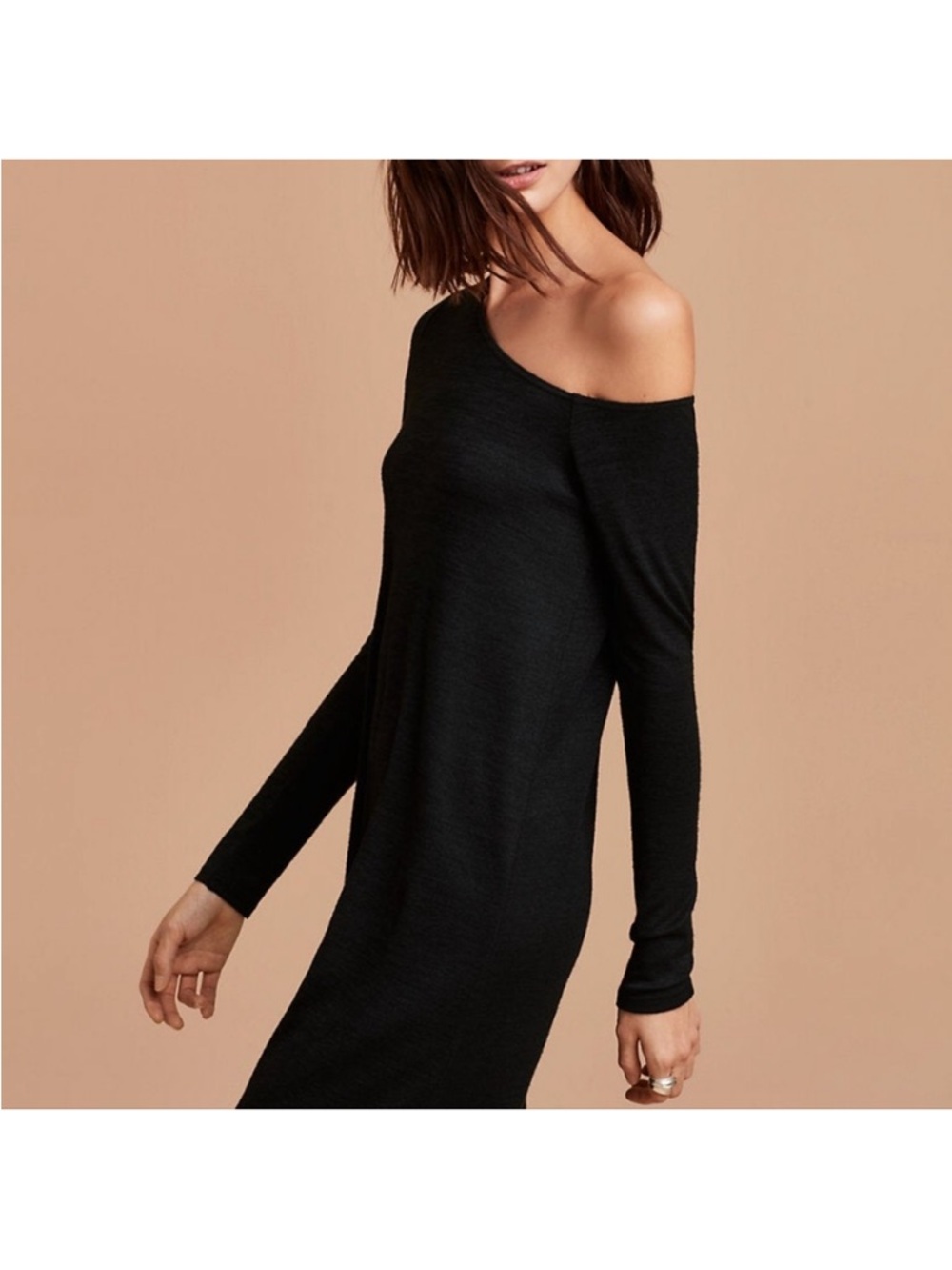 Wilfred Free Brinkley Off-LeftShoulder Long Sleeve Black Knit Dress
